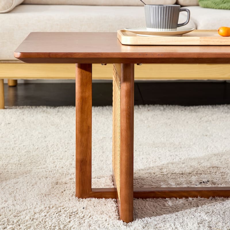 Rustic Coffee Table with Imitation Rattan, Wooden Center Table Accent Table End Table, Easy-to-Assemble