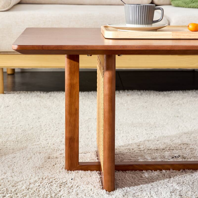 Wood Tea Table Side Table Accent Table, Coffee Table with Imitation Rattan, Living Room Center Table with Easy Assembly