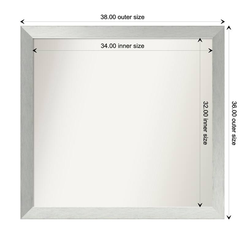 Brushed Sterling Silver Framed Non-Beveled Custom Wall Mirror, Bathroom Vanity Mirror - Outer Size: 38 x 36