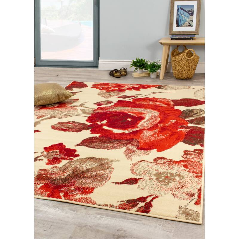 Florence Collection Cream/Red Vintage Floral Pattern Area Rug - 5'3