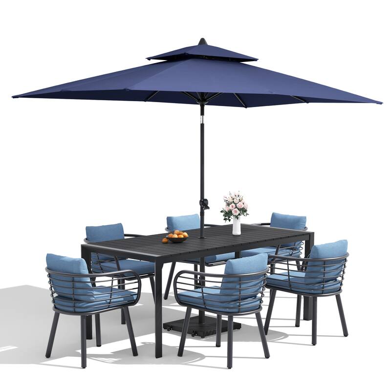9/11-Piece Outdoor Dining Set w/10 ft Umbrella and Base Aluminum Dining Table and Chairs with Sunbrella Cushions