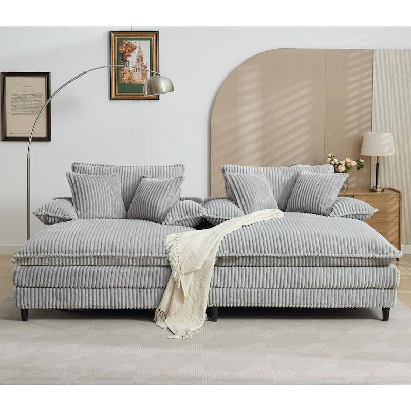 Oversized Double Lounge Chaise Reclining Sleeper Sectional Sofa Bed Corduroy Deep Seat Couch with 4-Gear Adjustable Backrest - Grey