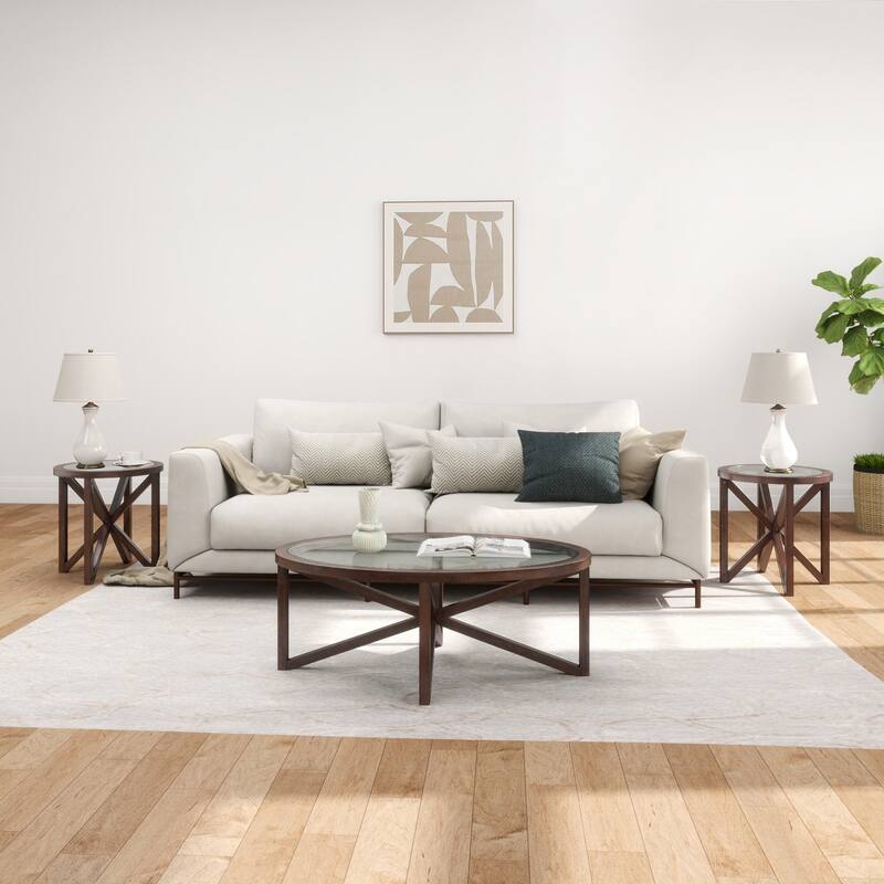 Tempered Glass Coffee Table Solid Wood Base Round Transparent Glass Top