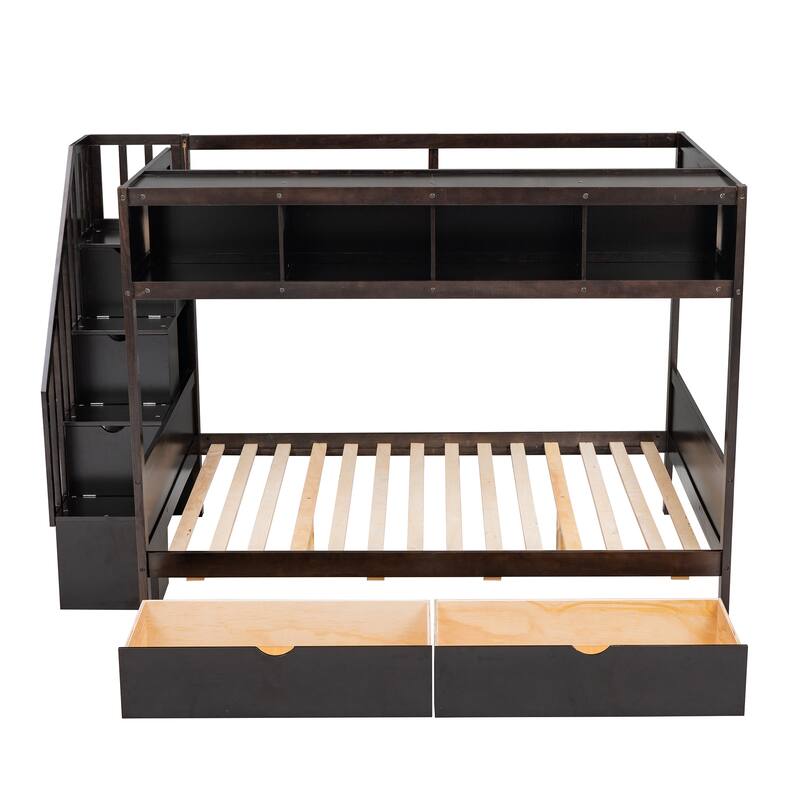 Twin Over Full Bunk Bed with Shelves, Storage Stairs, and Drawers, Espresso Finish
