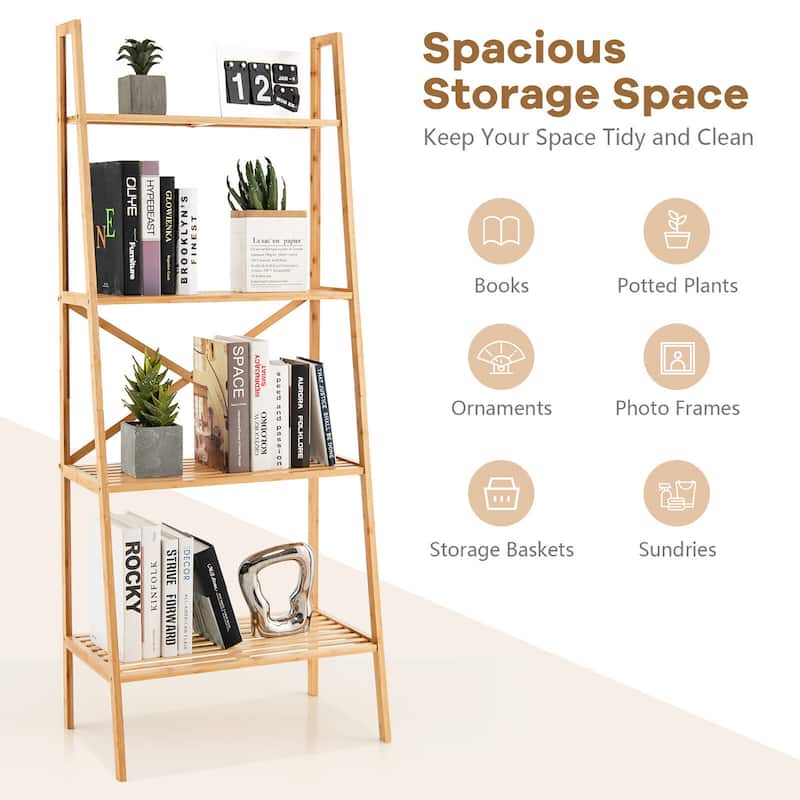 Gymax 4-Tier Bamboo Ladder Bookshelf 58'' Display Shelf Storage Rack