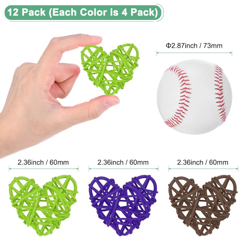 12-Pack Heart Wicker Rattan Balls 2.4Inch for DIY - Light Green, Brown, Dark Purple