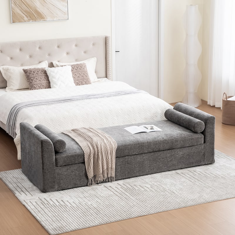 90.55" Wide Modern Bench,Window-side Bench with Armrests,Chenille Chaise Lounge Couch with 2 Bolster Pillows - Gray