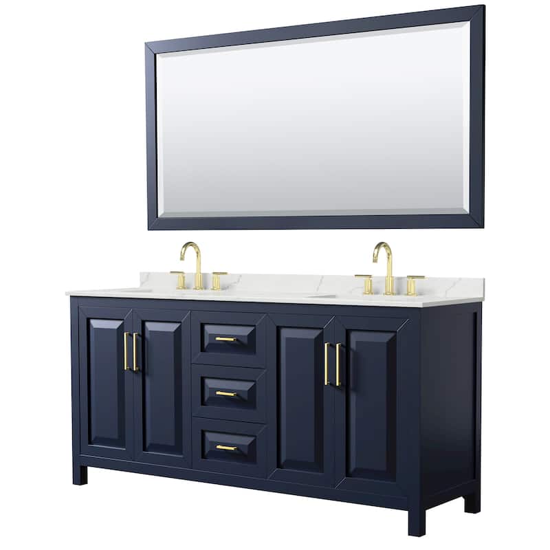 Wyndham Collection WCV252572D-QTZ-US3M70 Daria 72" Free Standing - Dark Blue / Giotto Quartz Top / Brushed Gold