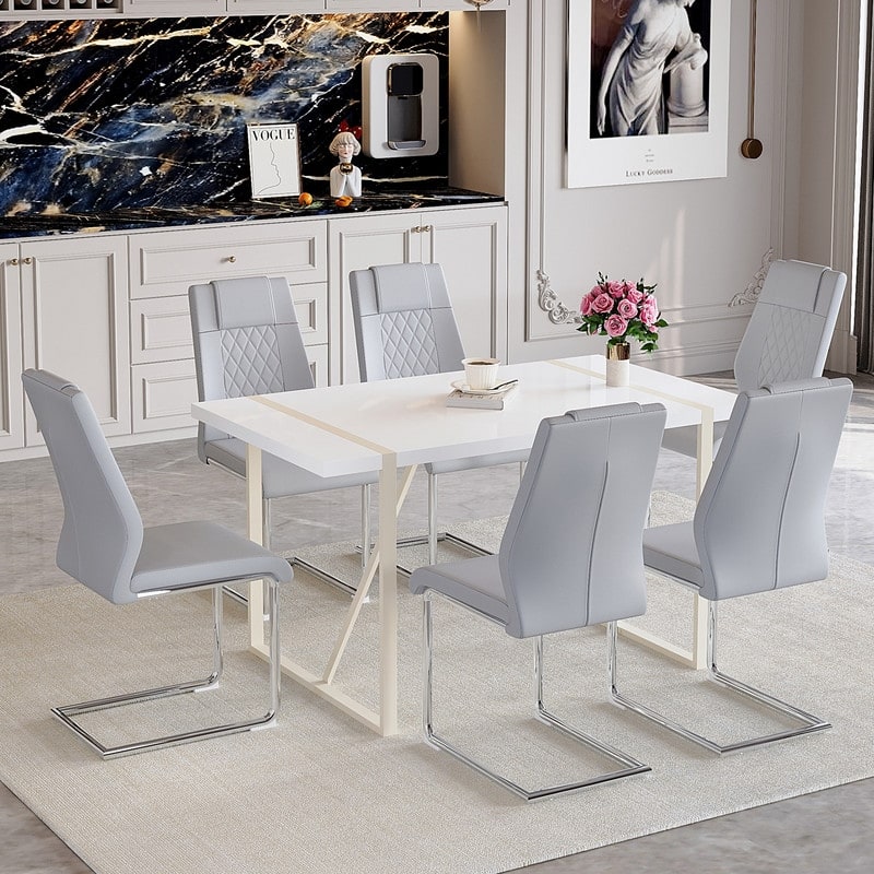 7-Piece Modern Dining Table Set with 6 Upholstered Chairs, Silver Metal Legs