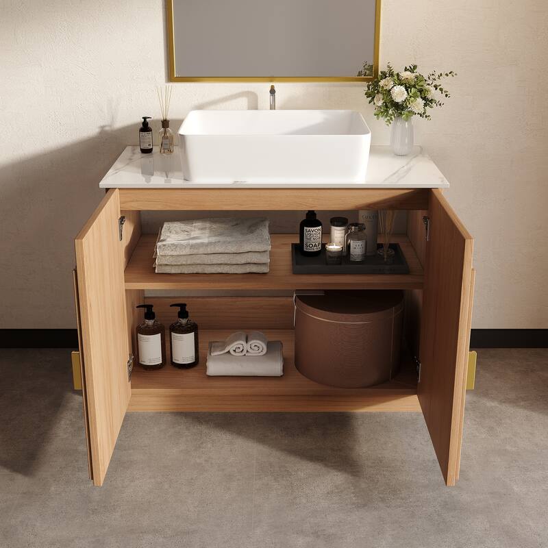 36" Mid - Century Modern Bathroom Vanity With Single Sink Grille Door & Gold Accents