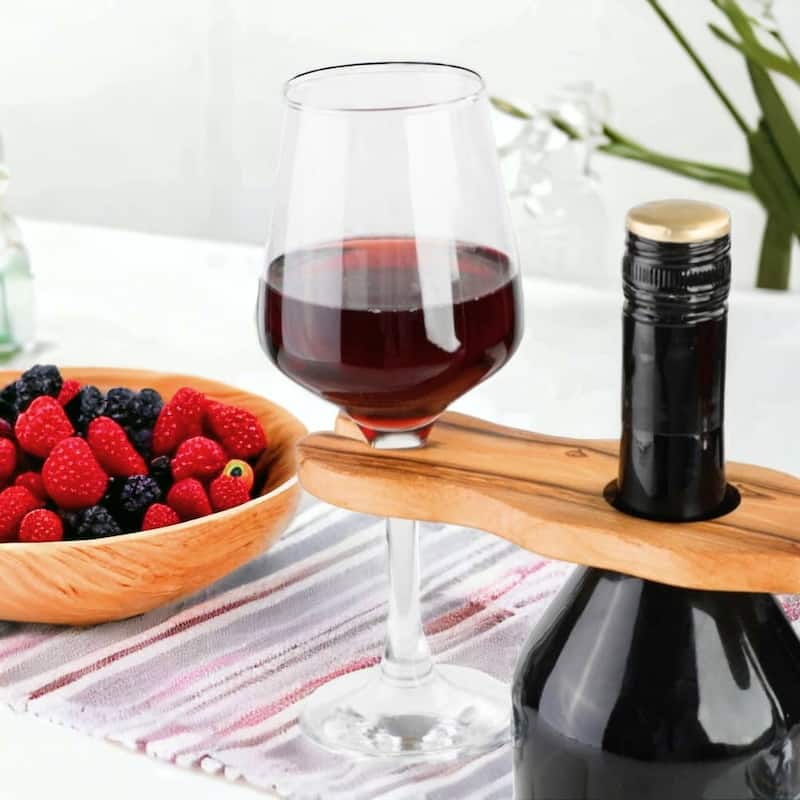 Olive wood wine bottle and 2 glasses holder