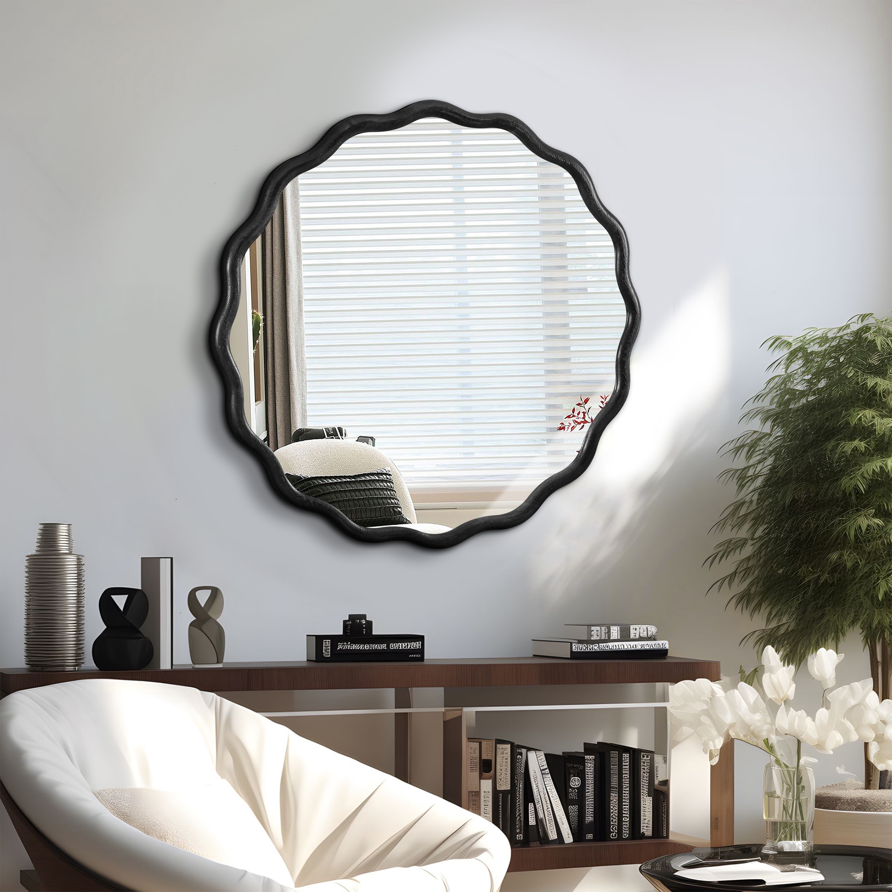 Roomfitters 31" Solid Wood Wavy Mirror, Modern Round Wall Decor for Bathroom, Bedroom & Entryway, Black