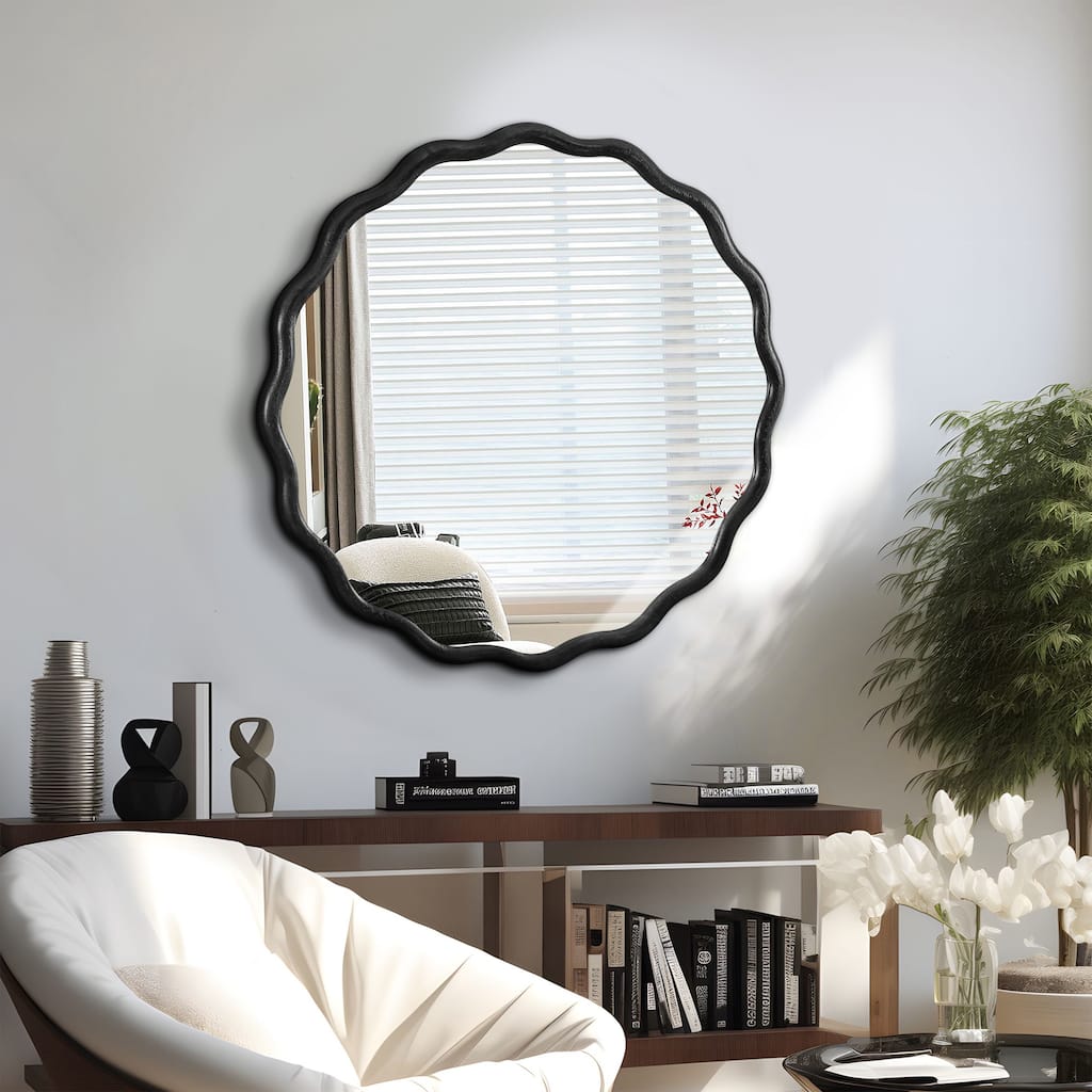 Roomfitters 31" Solid Wood Wavy Mirror, Modern Round Wall Decor for Bathroom, Bedroom & Entryway, Black