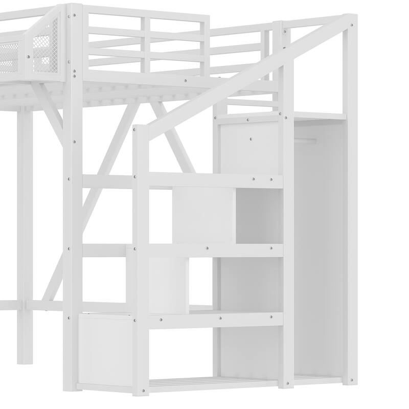 Twin XL/Twin Metal Loft Bed with Storage Stairs, Wardrobe, USB Ports & LED Lights