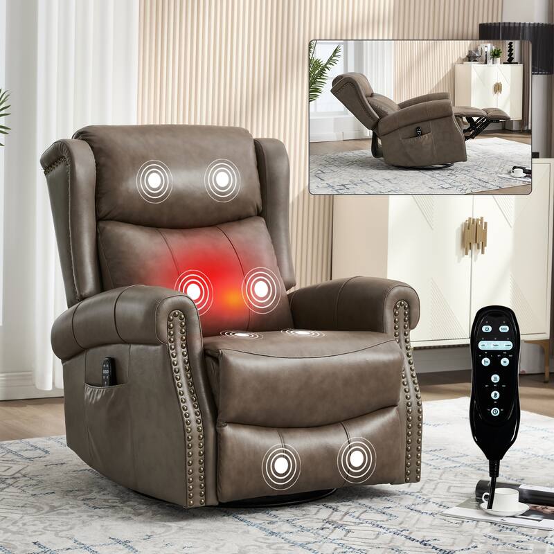 Manual Recliner Chair with Heat & Massage, Genuine Leather Swivel Recliner Chair, Lounge Sofa Chair with Side Pockets - Brown+Gray