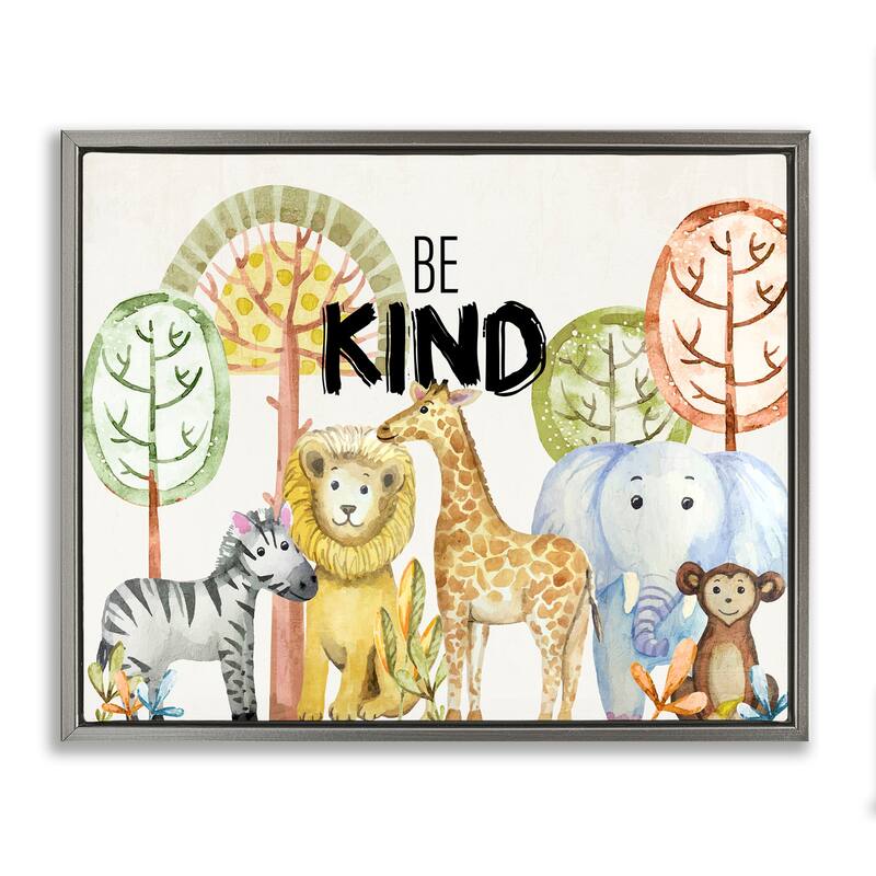 Stupell Be Kind Jungle Animals Framed Floater Canvas Wall Art Design By Kim Allen - 21 x 17 - Grey