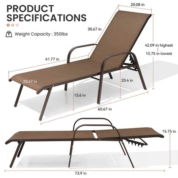 dimension image slide 6 of 8, Set of 4 Lounge Chairs Outdoor Chaise Lounge with Arms and Adjustable Back