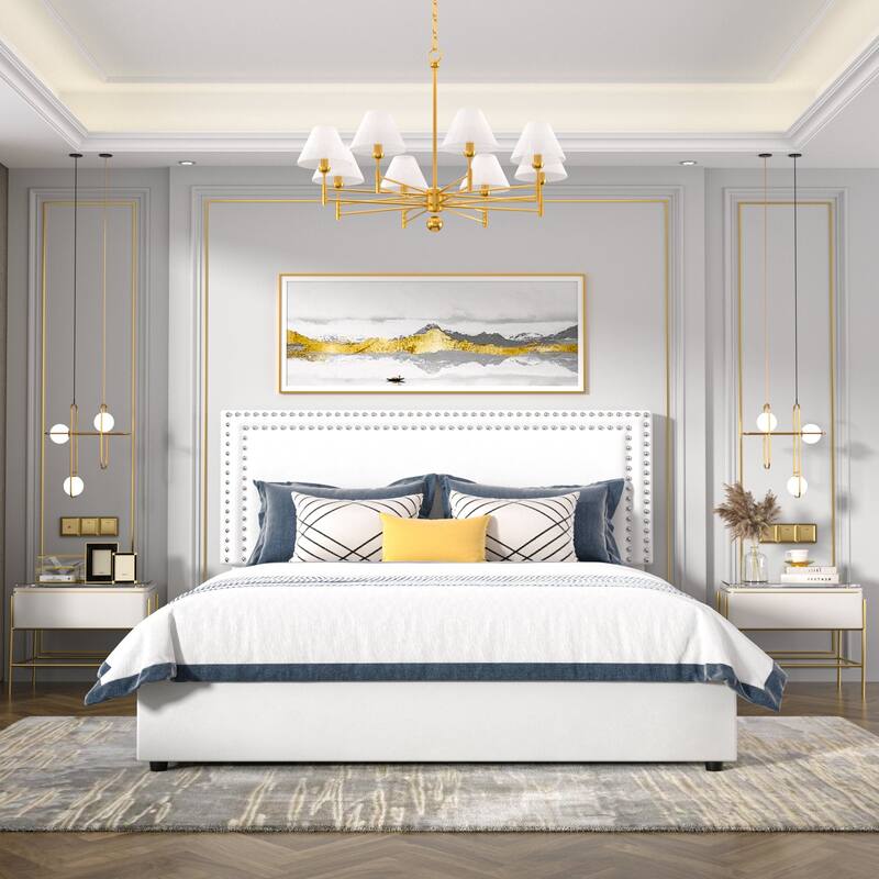 Modern Upholstered Bed Frame with 4 Storage Drawers, Platform Fabric Bed with Button Tufted Headboard