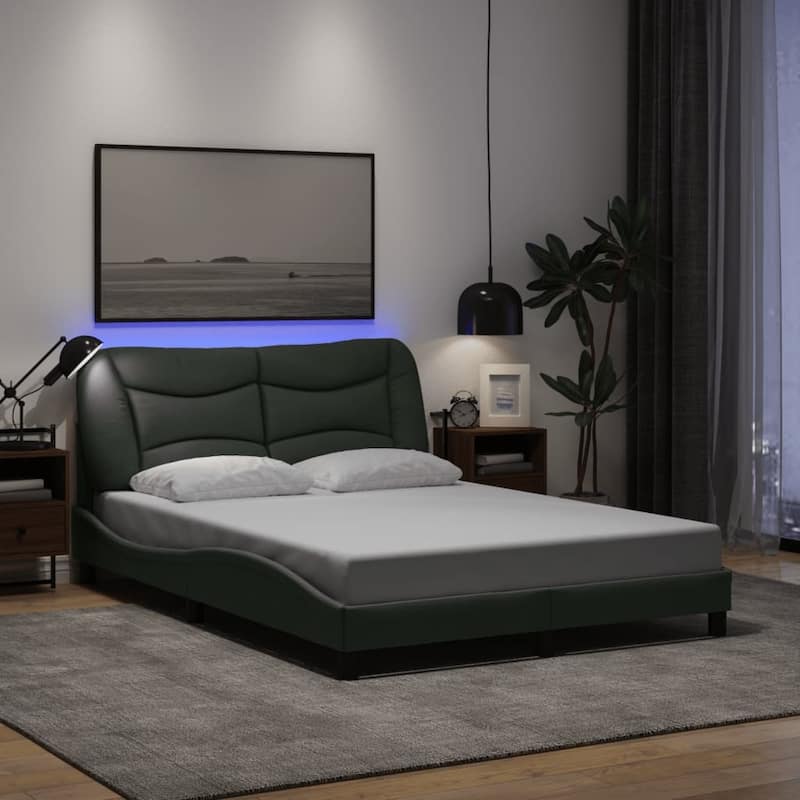vidaXL Bed Frame with LED Lights Base Curved Platform Bedroom Furniture Fabric - Dark gray - Full
