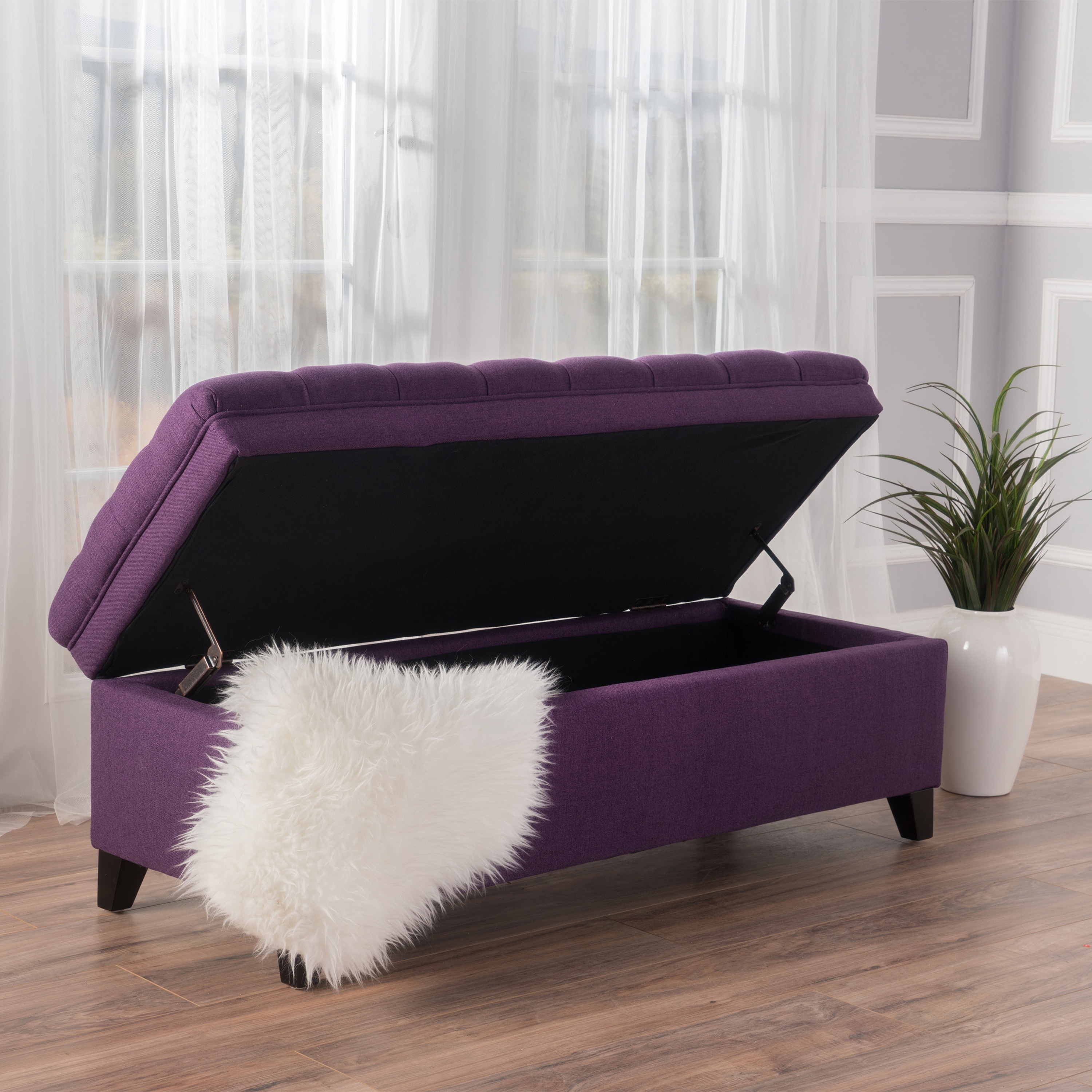 Purple Fabric Storage Ottoman with Tufted Lid, Extra Seating and Hidden Storage Bench for Living Room