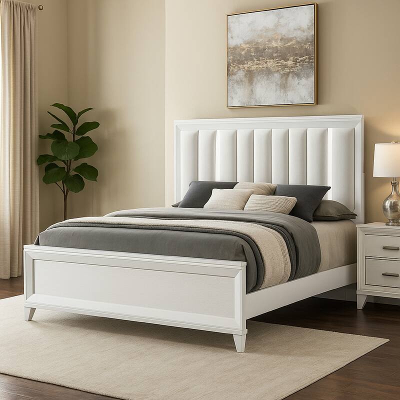 Ressy Queen Platform Bed with LED, Channel Tufted Upholstery, White Wood