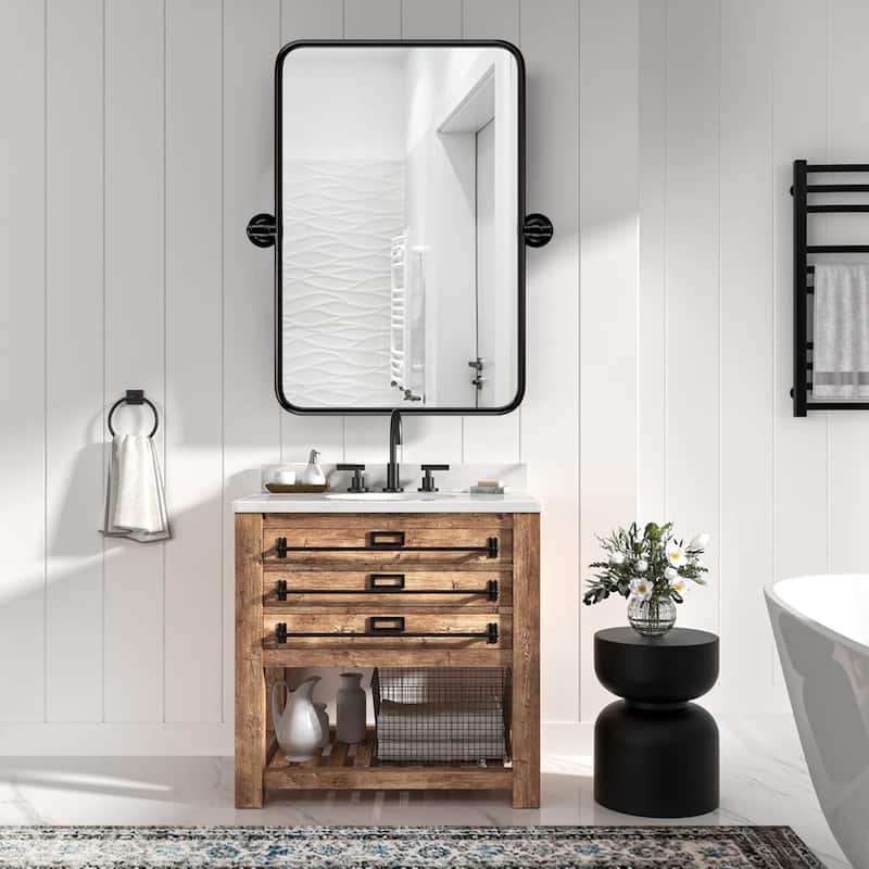 Rectangle Bathroom Tilting Vanity Wall Pivot Mirror, with Rounded Corner Design