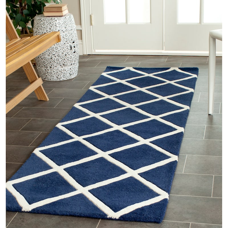 SAFAVIEH, Handmade Chatham Ezzelina Modern Moroccan Wool Rug - 2'3" x 7' Runner - Dark Blue/Ivory