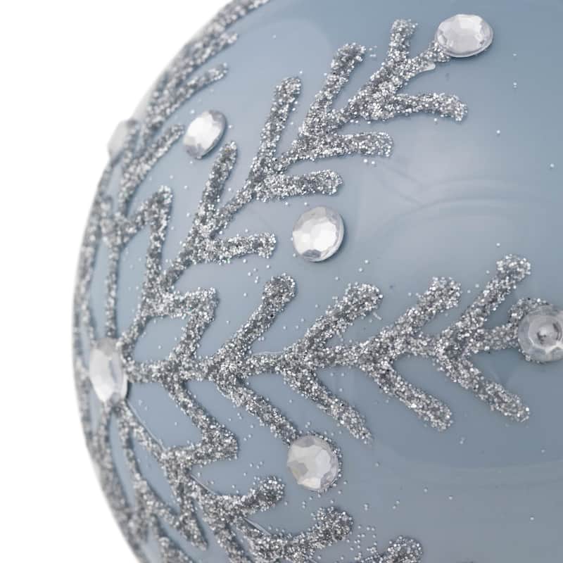Set of 2 Shiny Stone Blue Glitter Snowflakes Glass Christmas Ball Ornaments 4"