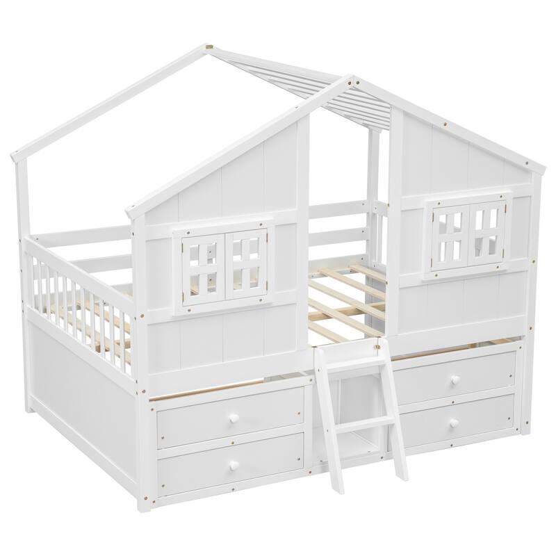Full Size House Loft Bed with Roof, Windows, 4 Drawers, Ladder, White Pine Wooden Bed