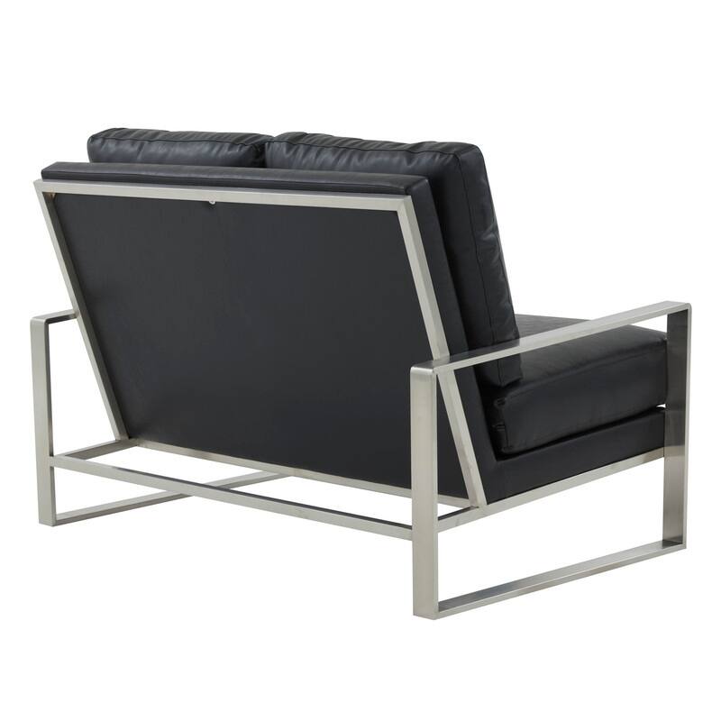 Jefferson Modern Leather Loveseat with Brushed Silver Stainless Steel Base, Removable Cushions, Sinuous Springs, Fully Assembled