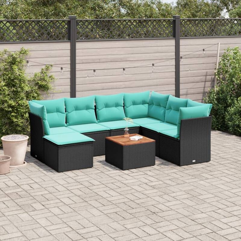 vidaXL 8 Piece Patio Sofa Set with Cushions Black Poly Rattan - 24.4 x 24.4 x 27.2 - Black-3x corner + table + 3x middle + footrest