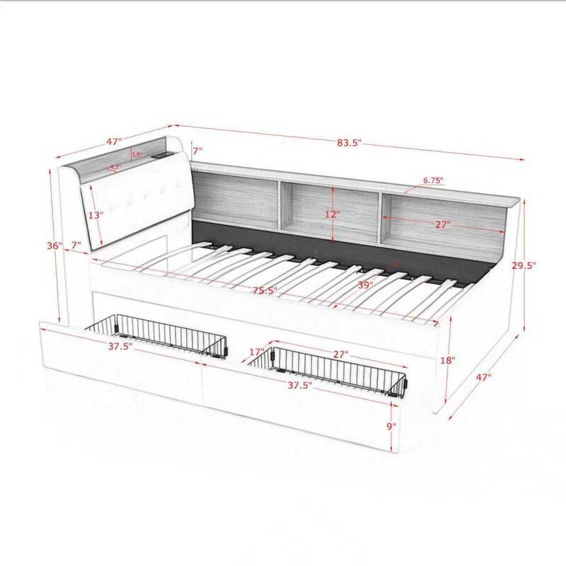 Roomfitters Twin Daybed with Storage Headboard, Wireless Charging, Drawers & Lighting, Velvet Upholstery