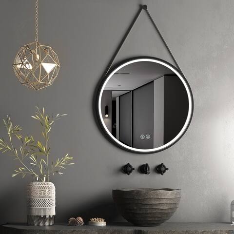 28 Inch Black Round Frame with Lamp Hanging Bathroom Mirror