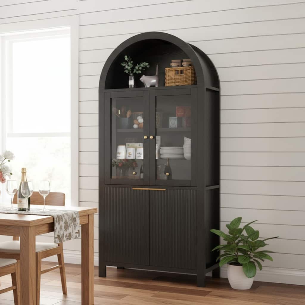 71" Fluted Tall Arched Pantry Cabinet with Adjustable Shelves, Elegant Display Storage with Hidden Drawer & Glass Door