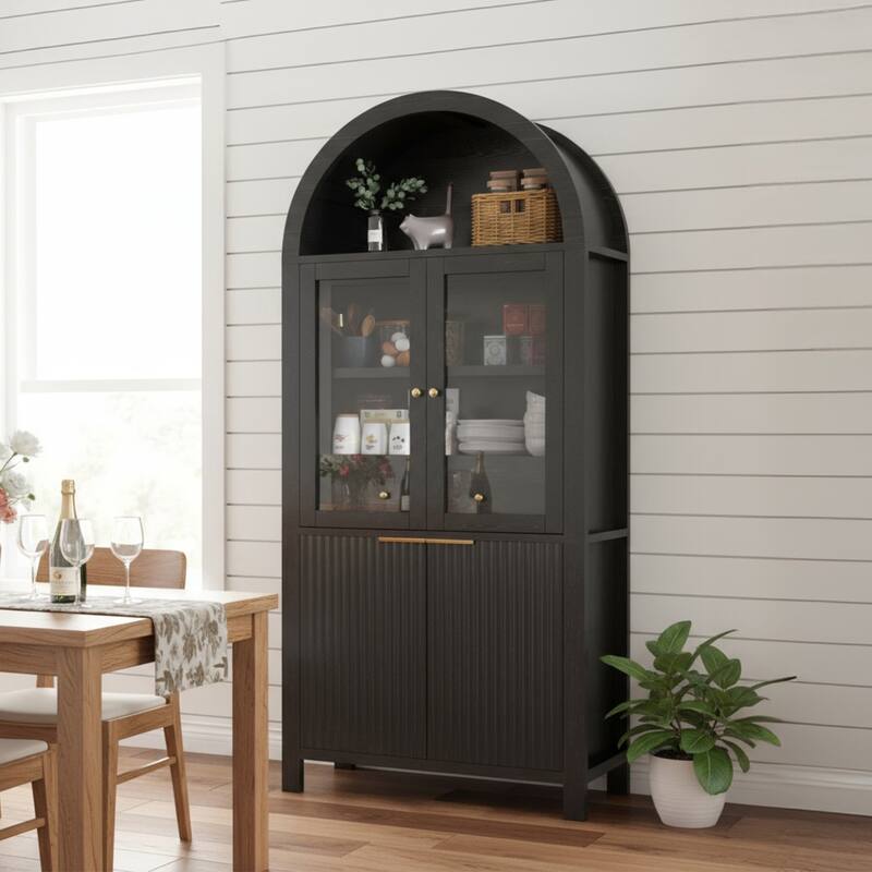 71" Fluted Tall Pantry Cabinet with Arched Glass Door, Hidden Drawer, Wood Display Storage Cabinet with Adjustable Shelves - Black