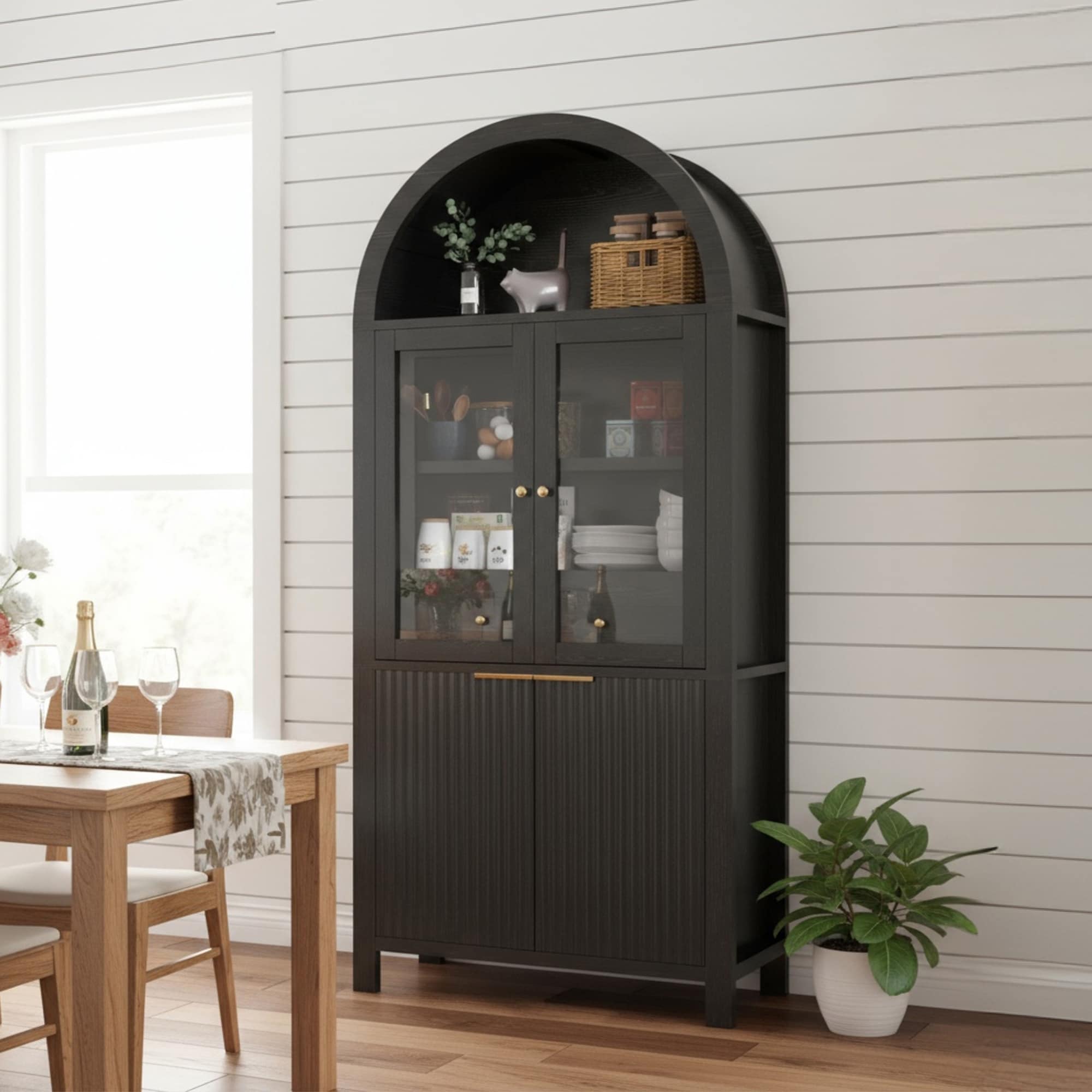 Modern Wooden Pantry Cabinet with Fluted Glass Door Adjustable Shelves Hidden Drawer and Display Storage by GDFStudio