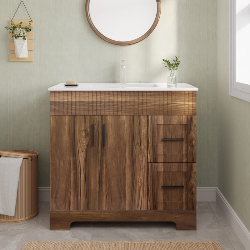 EROMMY Bathroom Vanity with Sink and Faucet, Freestanding Vanity Cabinet with Drawers & Doors, White Ceramic Top