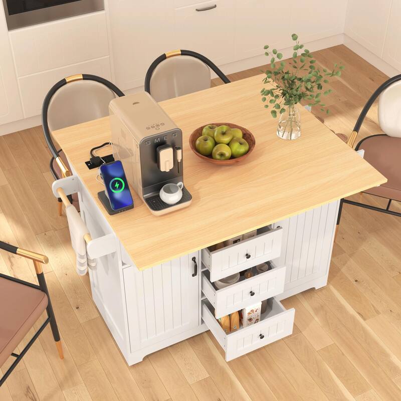 55.7" Kitchen Island with Drop Leaves, Rolling Cart with Power Outlet, Spice Rack, and 3 Drawers