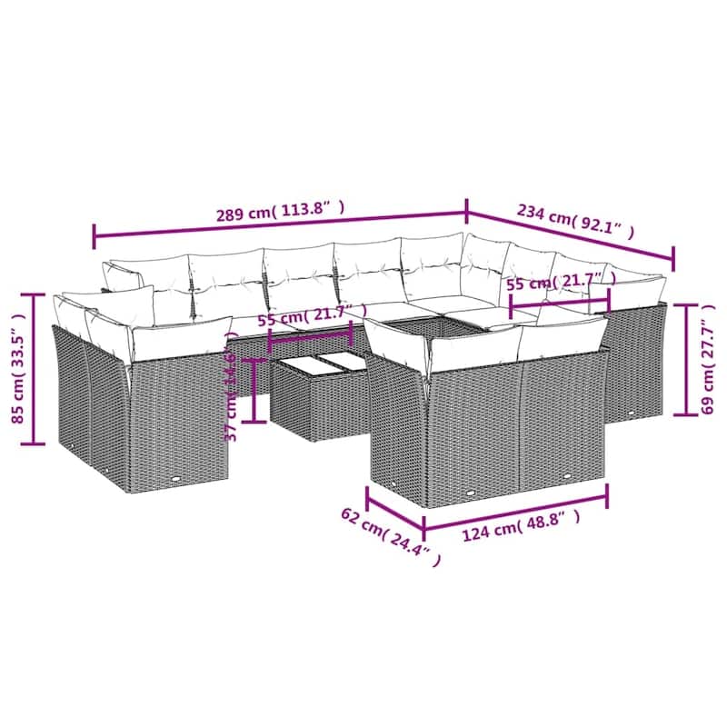 vidaXL Patio Sofa Set with Cushions Outdoor Conversation Furniture Poly Rattan - 21.7" x 24.4" x 27.2"