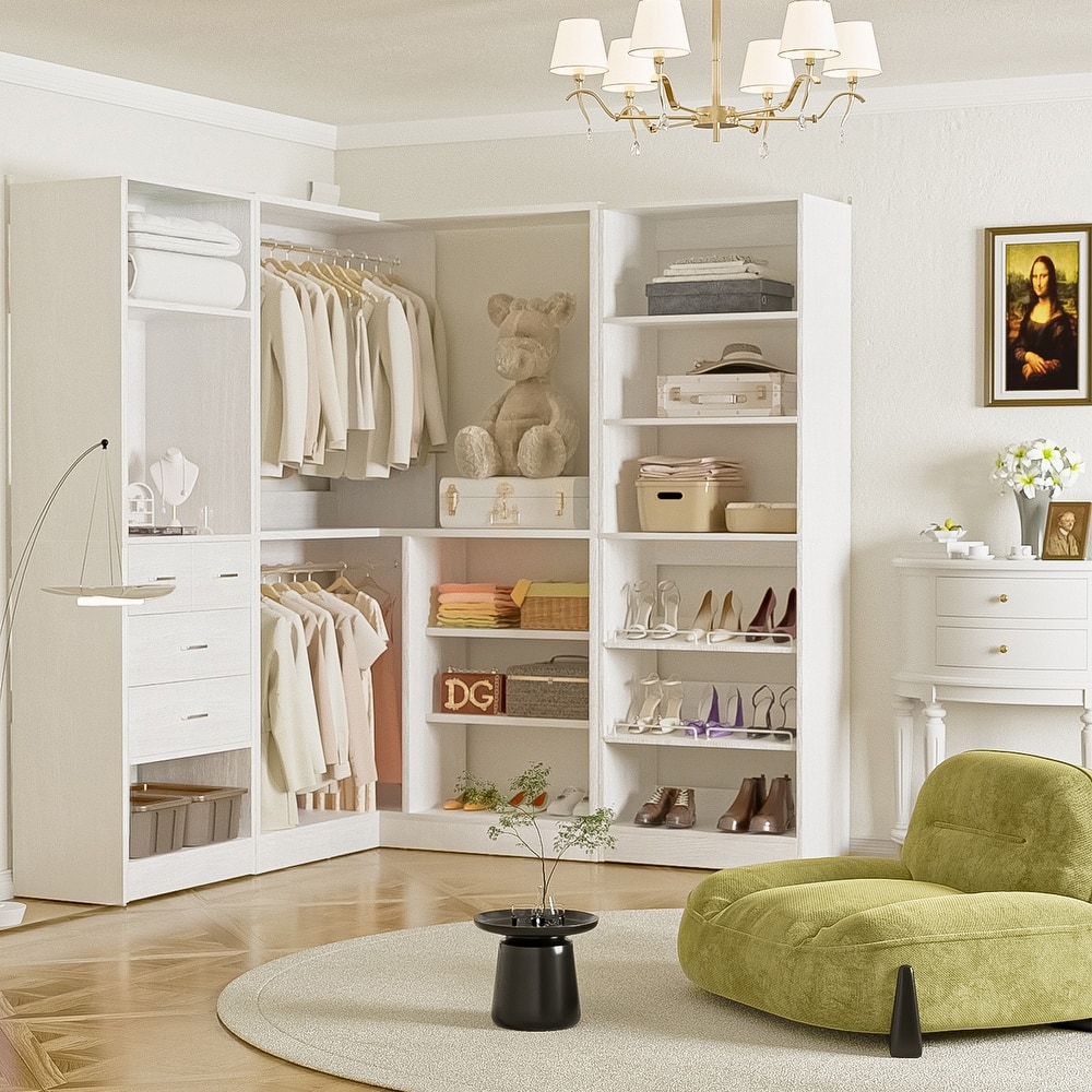 Cimly Set of 3 Corner Closet System with Drawers and Mirror, Multi-functional Closet Organizer with Shoe Racks