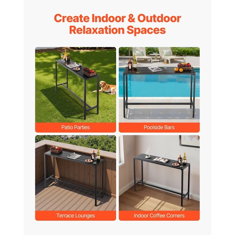 55 x 15 in Rectangular Outdoor Bar Table with Steel Frame and Waterproof Galvanized Tabletop for Patio - 55”L x 15”W x 39”H