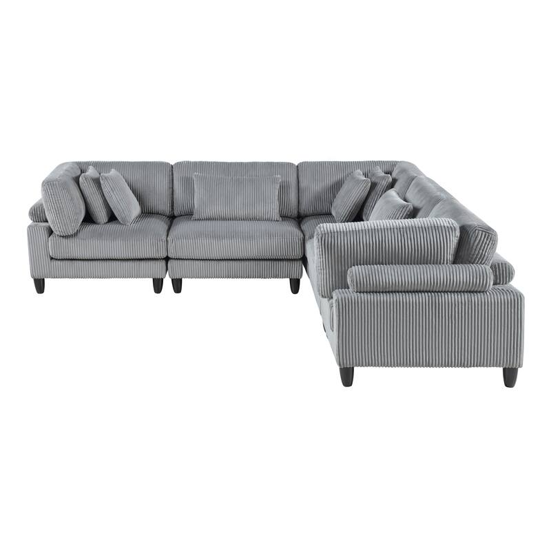 5pc Gray Corduroy Modular Sectional Set with Pillows, 3 Corner Seats, 2 Armless Chairs