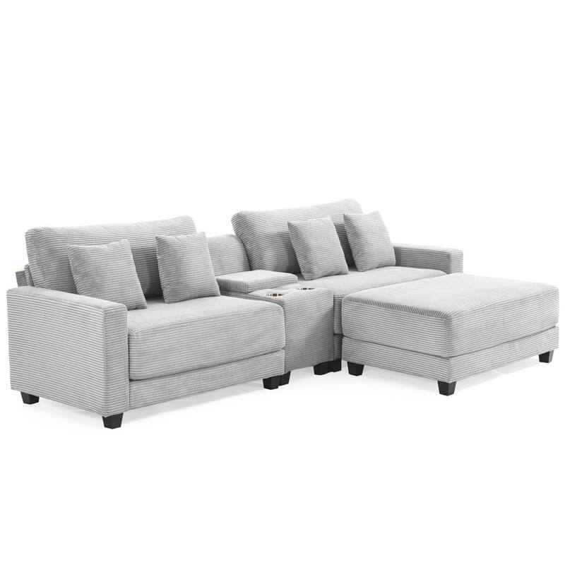 Oversized Corduroy Upholstered Sofa with a Removable Ottoman & 4 Pillows - Misty Grey