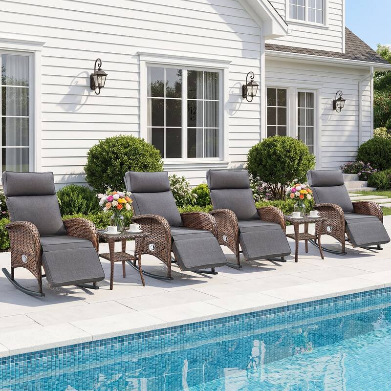 Pocassy Versatile Outdoor Recliner Rocker Chair with Side Table - Brown Wicker with Gray Cushion - 6-Piece Rocker Recliner Chair with Side Table