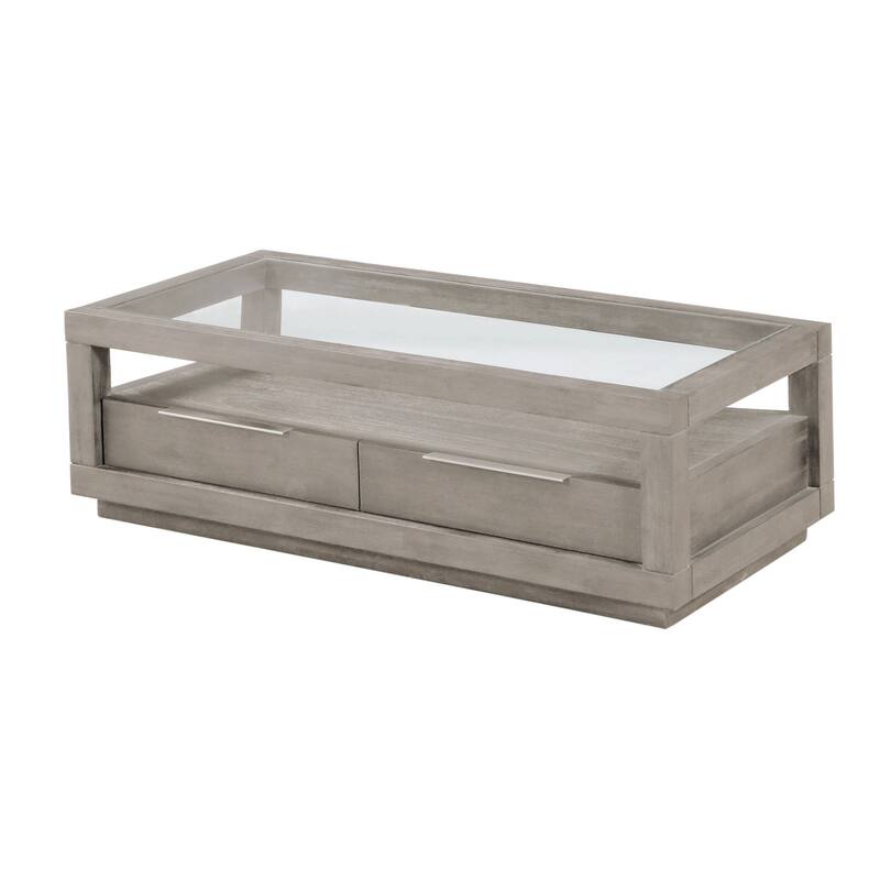 Wave 54 Inch Coffee Table, Glass Top, 2 Drawers, Natural Gray Acacia Wood