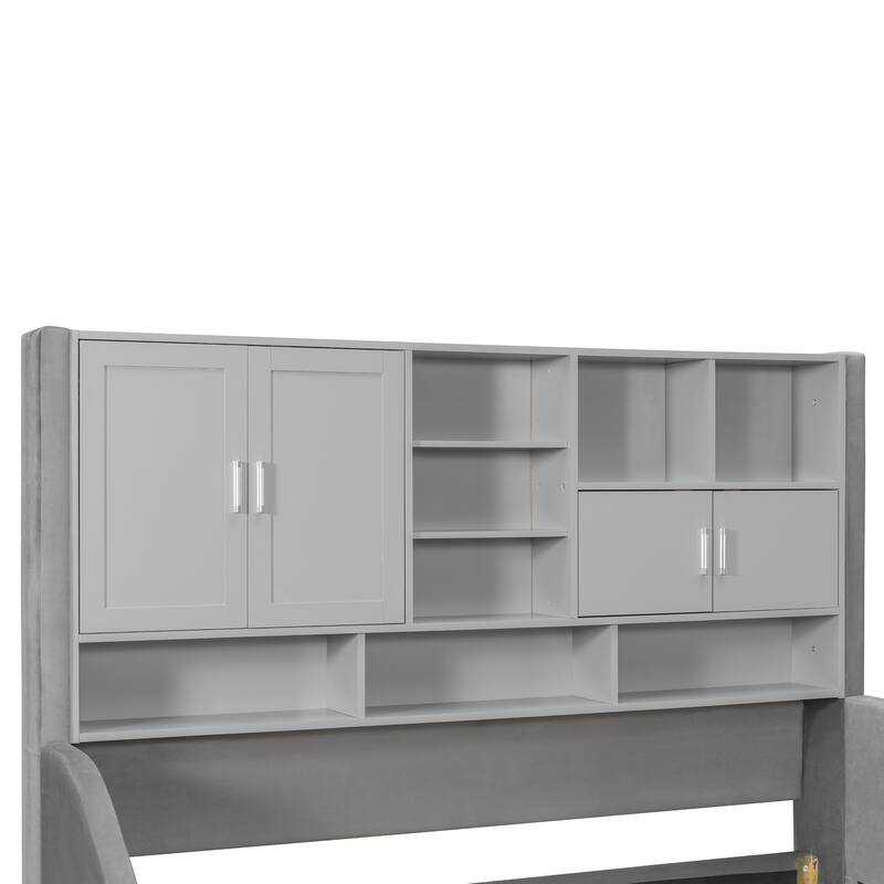 Twin Size Upholstered Daybed Sofa Bed with All-in-one Bookcase Storage Cabinets Shelves, Pull-out Lift-up Trundle, Arm Lights