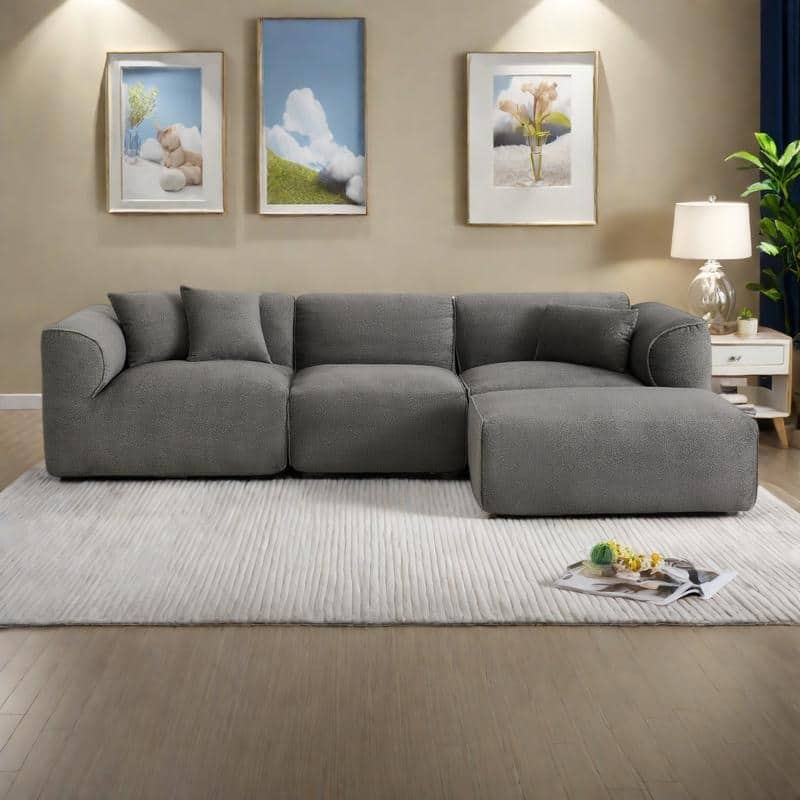122.1" Double-Needle Velvet 4-Seater Sofa with Detachable Ottoman and 3 Throw Pillows