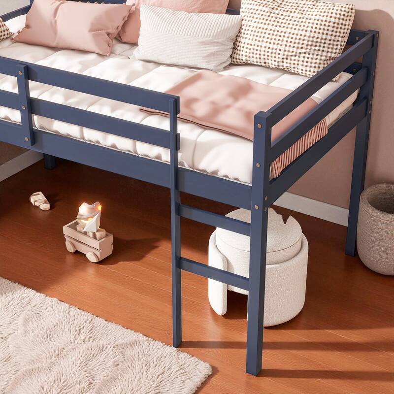 Solid Wood Twin Loft Bed with Ladder, Rubber Wood Frame Low Height Design with Guard Rails and Storage Space