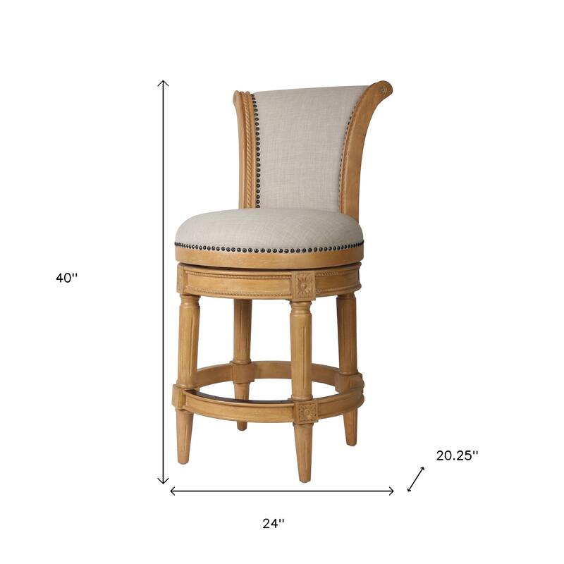 HomeRoots 25" Beige and Natural Fabric and Solid Wood Counter Height Swivel Bar Chair