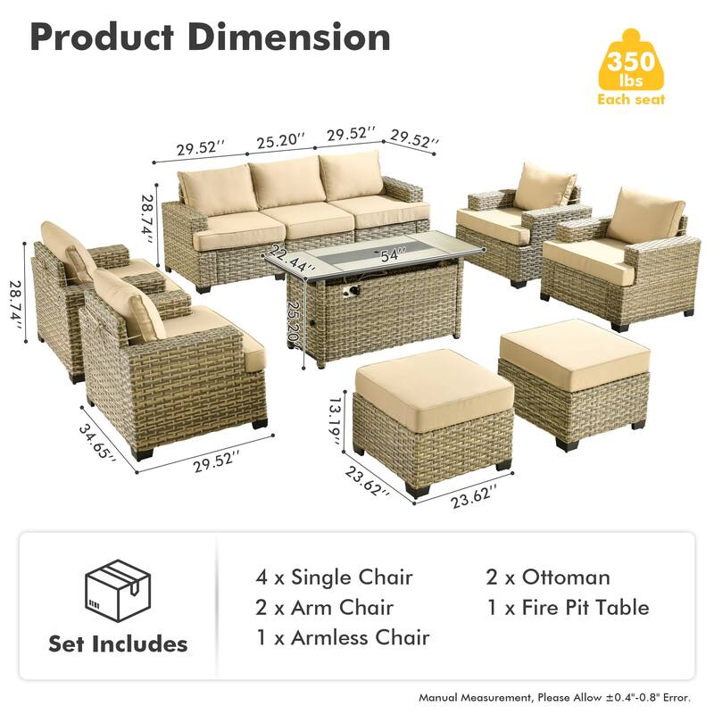 HOOOWOOO 10-piece Outdoor Wicker Wide Arm Patio Furniture Set with Fire Pit
